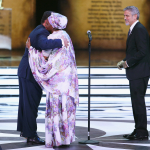 Ruben Vardanyan and George Clooney congratulate Marguerite Barankitse
