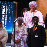 Marguerite Barankitse with finalists Syeda Ghulam Fatima and Father Bernard Kinvi