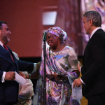 Ruben Vardanyan and George Clooney congratulate Marguerite Barankitse
